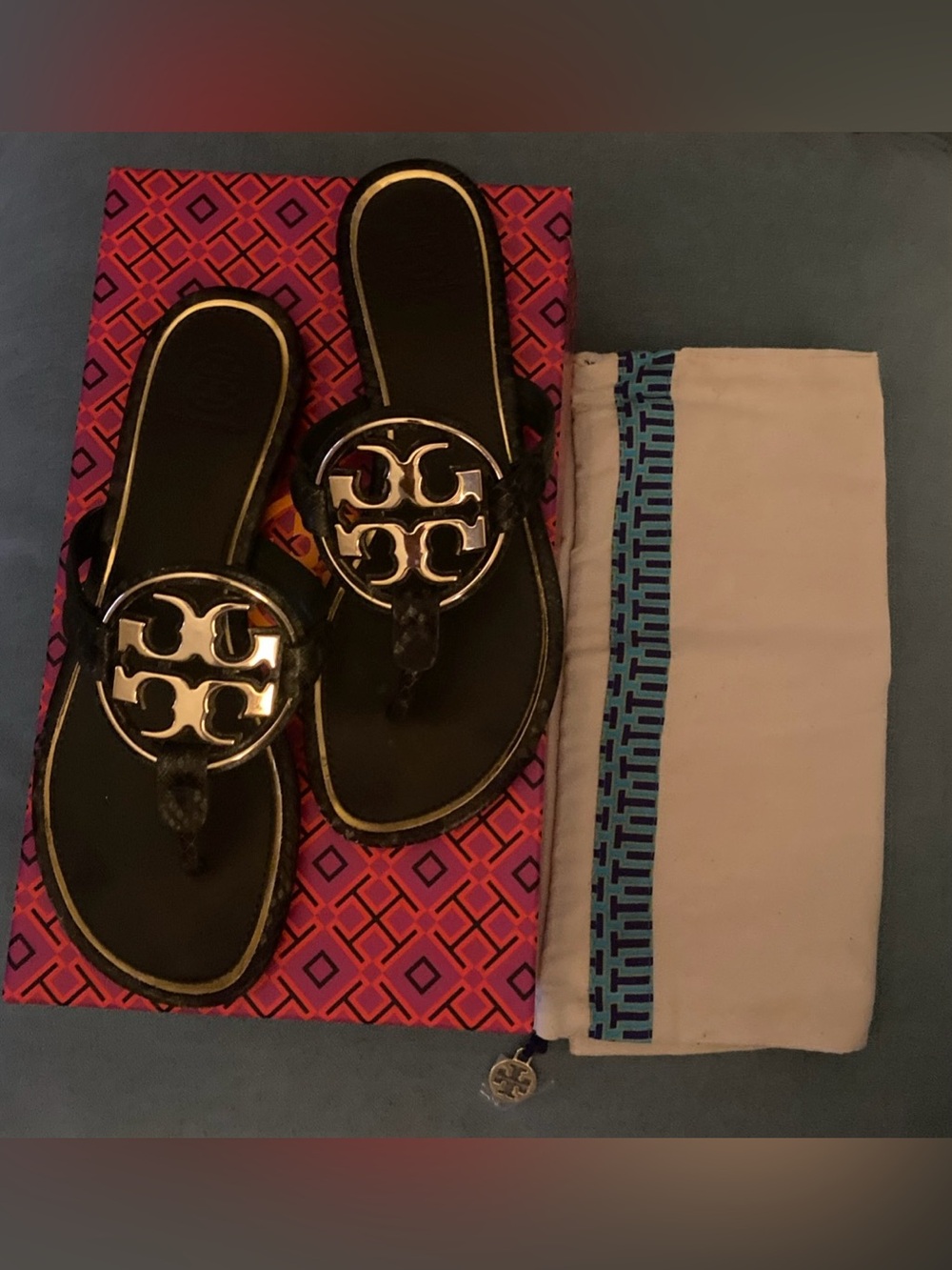 Tory Burch Metal Miller Sandal Leccio Roccia Snake Print Size 7.5 Box Bag